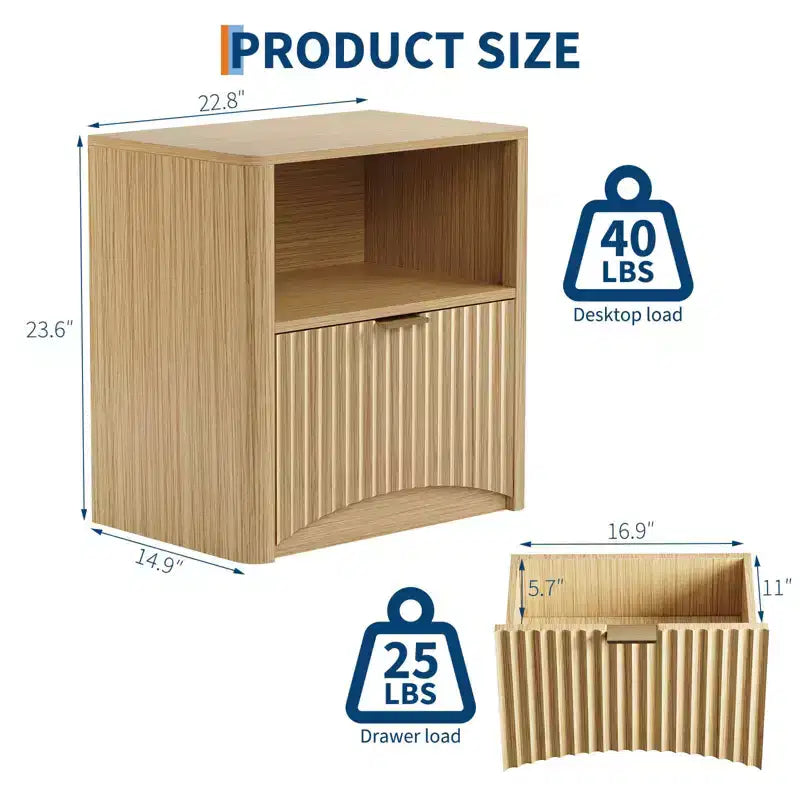 Comodino set da 1, comodino scanalato con cassetto e vano portaoggetti, tavolino laterale moderno di metà secolo, comodino in legno per camera da letto, divano, ufficio, rovere