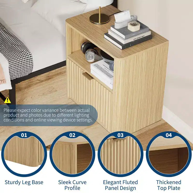 Comodino set da 1, comodino scanalato con cassetto e vano portaoggetti, tavolino laterale moderno di metà secolo, comodino in legno per camera da letto, divano, ufficio, rovere