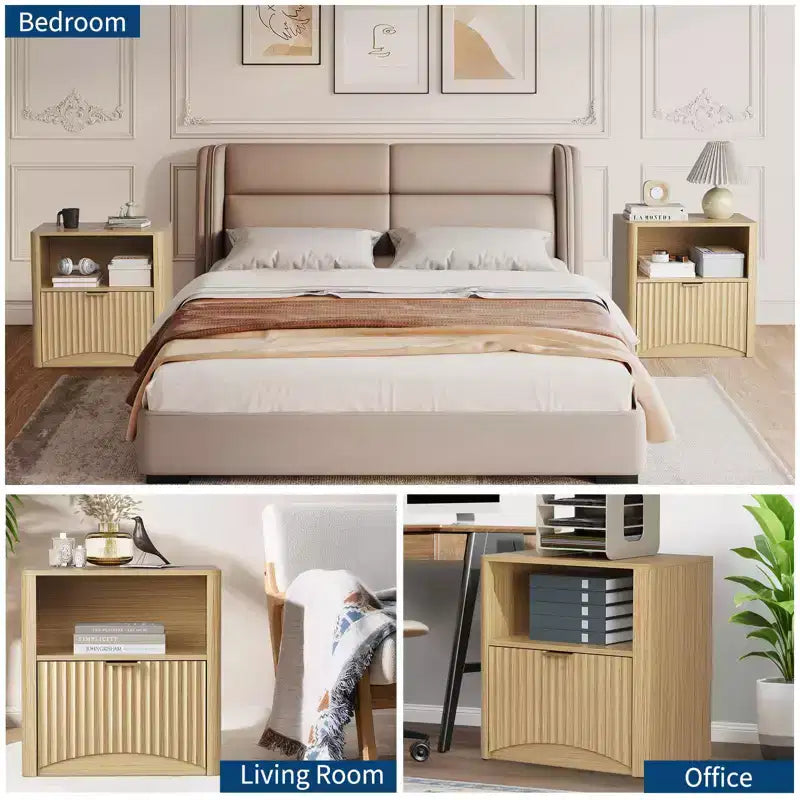 Comodino set da 1, comodino scanalato con cassetto e vano portaoggetti, tavolino laterale moderno di metà secolo, comodino in legno per camera da letto, divano, ufficio, rovere