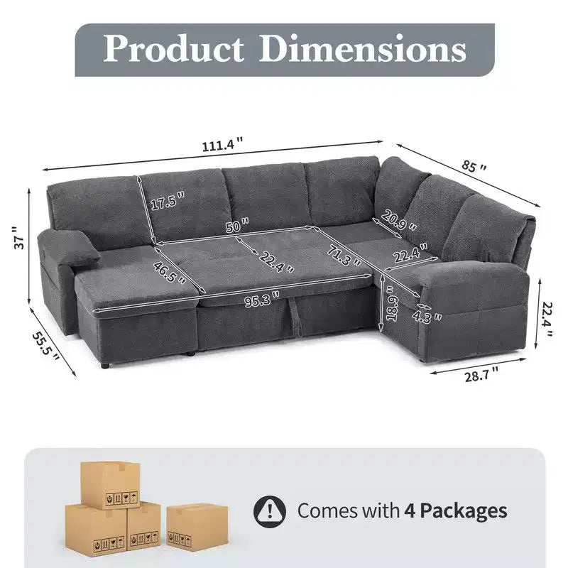 Karl Home | Divano Componibile a U in Velluto Imbottito con Funzione Letto, Divano Angolare