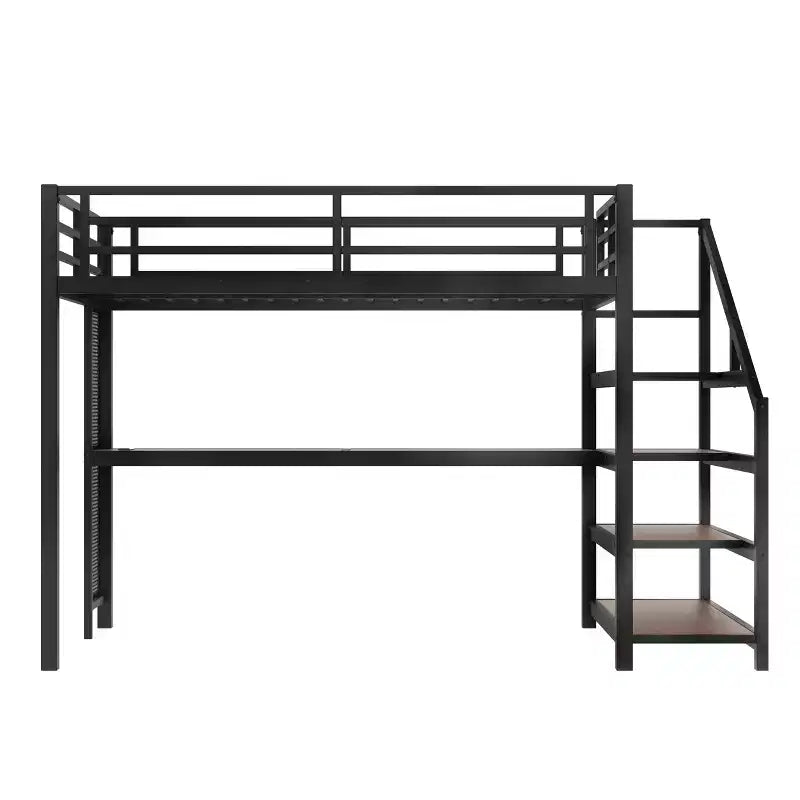 Bellemave Letto a soppalco matrimoniale in metallo con scrivania, scale contenitore, luci LED, porte USB, nessuna rete a molle necessaria e silenzioso, nero
