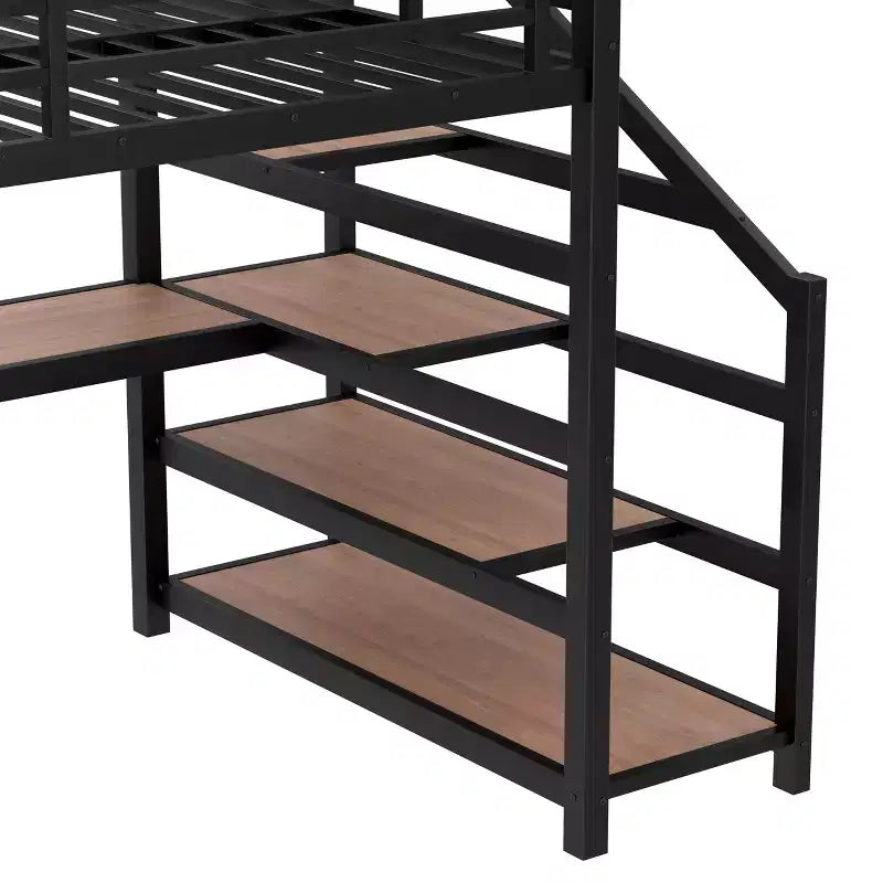 Bellemave Letto a soppalco matrimoniale in metallo con scrivania, scale contenitore, luci LED, porte USB, nessuna rete a molle necessaria e silenzioso, nero