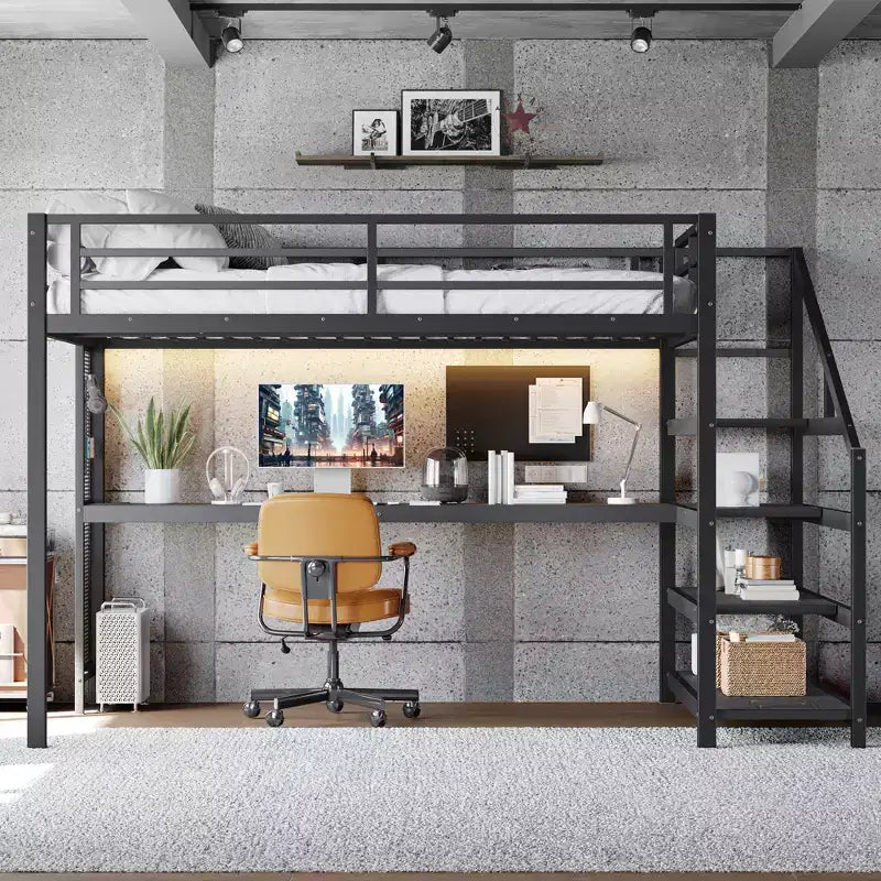 Bellemave Letto a soppalco matrimoniale in metallo con scrivania, scale contenitore, luci LED, porte USB, nessuna rete a molle necessaria e silenzioso, nero