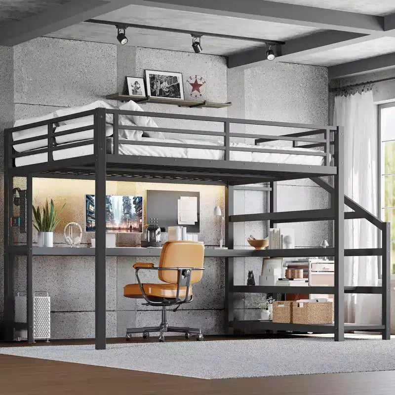 Bellemave Letto a soppalco matrimoniale in metallo con scrivania, scale contenitore, luci LED, porte USB, nessuna rete a molle necessaria e silenzioso, nero