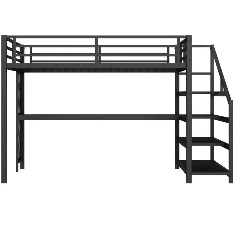 Bellemave Letto a soppalco matrimoniale in metallo con scrivania, scale contenitore, luci LED, porte USB, nessuna rete a molle necessaria e silenzioso, nero