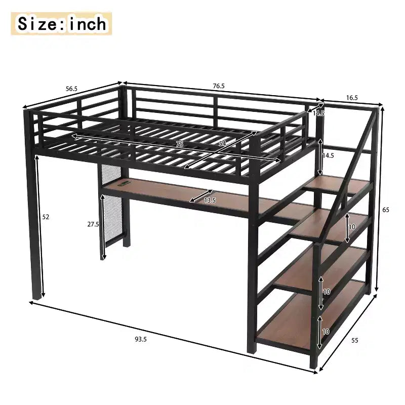 Bellemave Letto a soppalco matrimoniale in metallo con scrivania, scale contenitore, luci LED, porte USB, nessuna rete a molle necessaria e silenzioso, nero