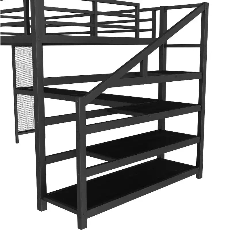 Bellemave Letto a soppalco matrimoniale in metallo con scrivania, scale contenitore, luci LED, porte USB, nessuna rete a molle necessaria e silenzioso, nero