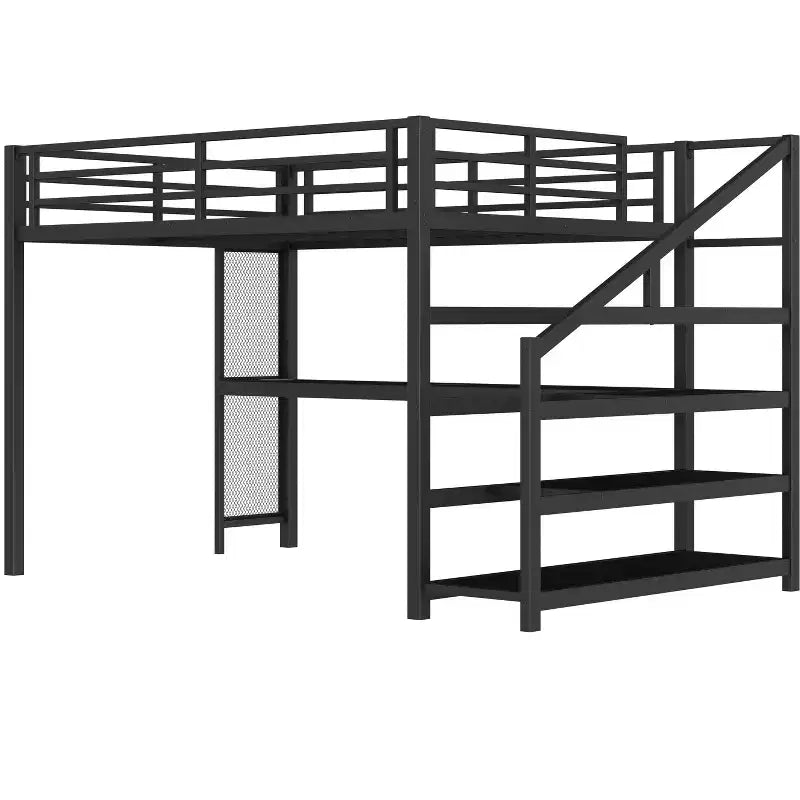 Bellemave Letto a soppalco matrimoniale in metallo con scrivania, scale contenitore, luci LED, porte USB, nessuna rete a molle necessaria e silenzioso, nero