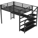 Bellemave Letto a soppalco matrimoniale in metallo con scrivania, scale contenitore, luci LED, porte USB, nessuna rete a molle necessaria e silenzioso, nero