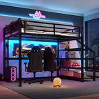 Bellemave Letto a soppalco matrimoniale in metallo con scrivania, scale contenitore, luci LED, porte USB, nessuna rete a molle necessaria e silenzioso, nero