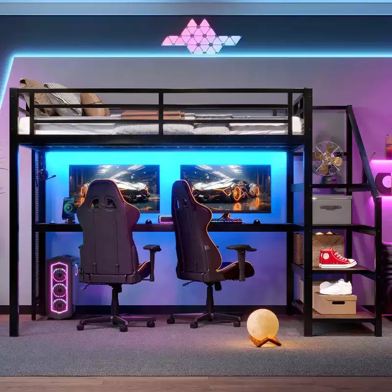 Bellemave Letto a soppalco matrimoniale in metallo con scrivania, scale contenitore, luci LED, porte USB, nessuna rete a molle necessaria e silenzioso, nero