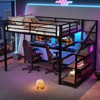 Bellemave Letto a soppalco matrimoniale in metallo con scrivania, scale contenitore, luci LED, porte USB, nessuna rete a molle necessaria e silenzioso, nero