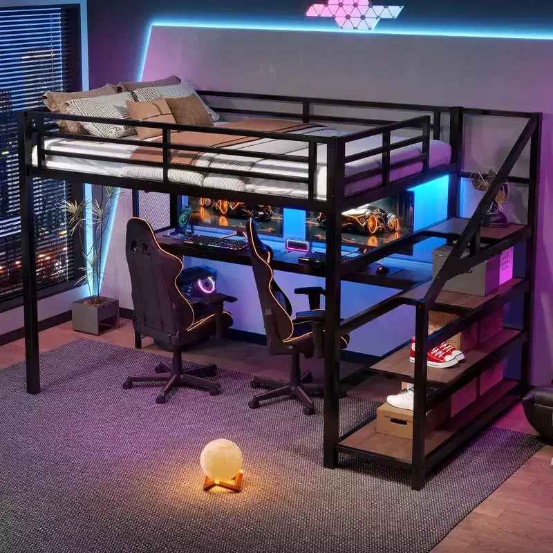 Bellemave Letto a soppalco matrimoniale in metallo con scrivania, scale contenitore, luci LED, porte USB, nessuna rete a molle necessaria e silenzioso, nero