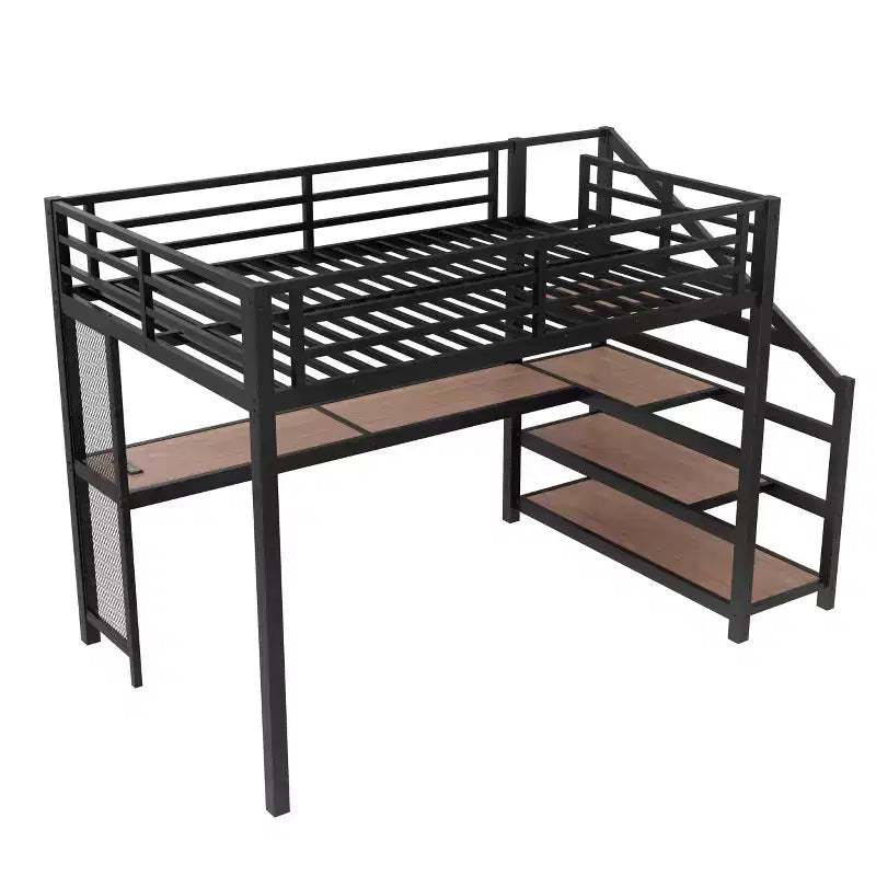 Bellemave Letto a soppalco matrimoniale in metallo con scrivania, scale contenitore, luci LED, porte USB, nessuna rete a molle necessaria e silenzioso, nero