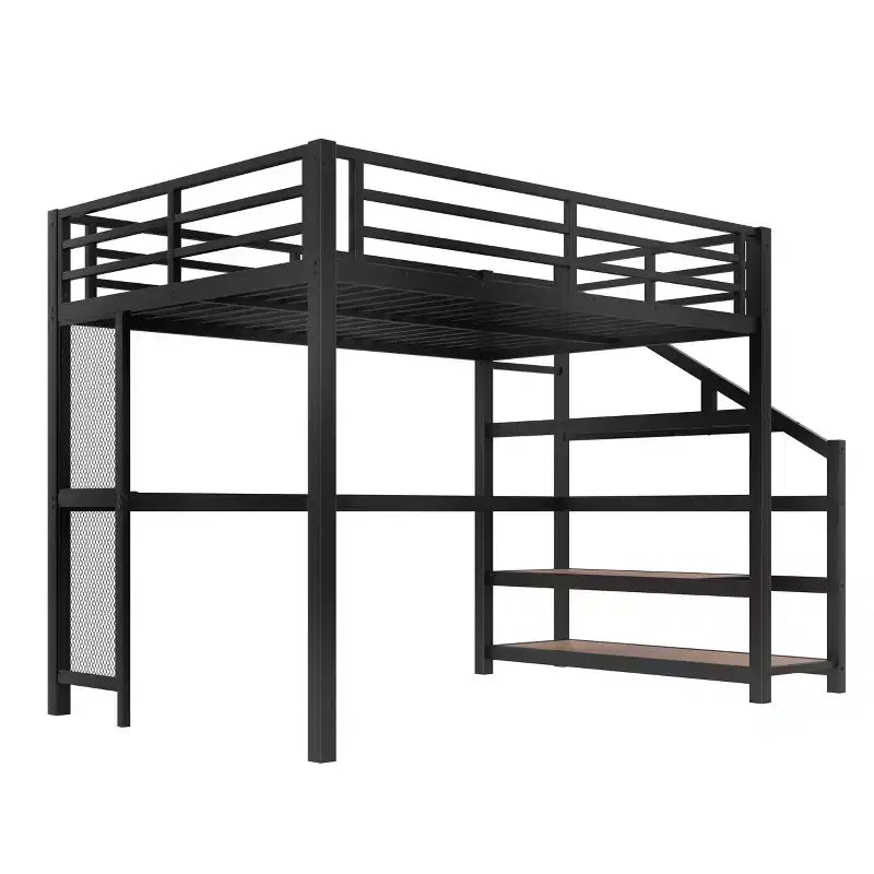 Bellemave Letto a soppalco matrimoniale in metallo con scrivania, scale contenitore, luci LED, porte USB, nessuna rete a molle necessaria e silenzioso, nero