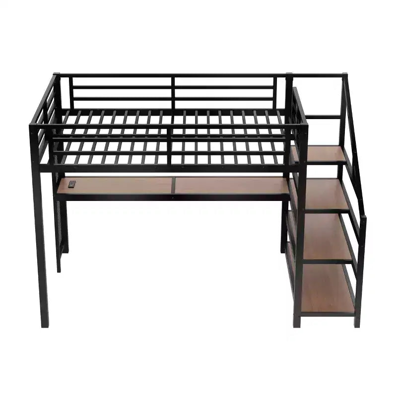 Bellemave Letto a soppalco matrimoniale in metallo con scrivania, scale contenitore, luci LED, porte USB, nessuna rete a molle necessaria e silenzioso, nero