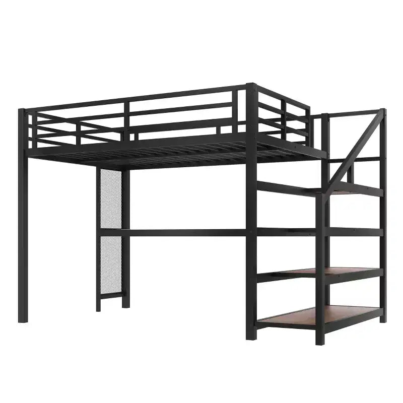 Bellemave Letto a soppalco matrimoniale in metallo con scrivania, scale contenitore, luci LED, porte USB, nessuna rete a molle necessaria e silenzioso, nero