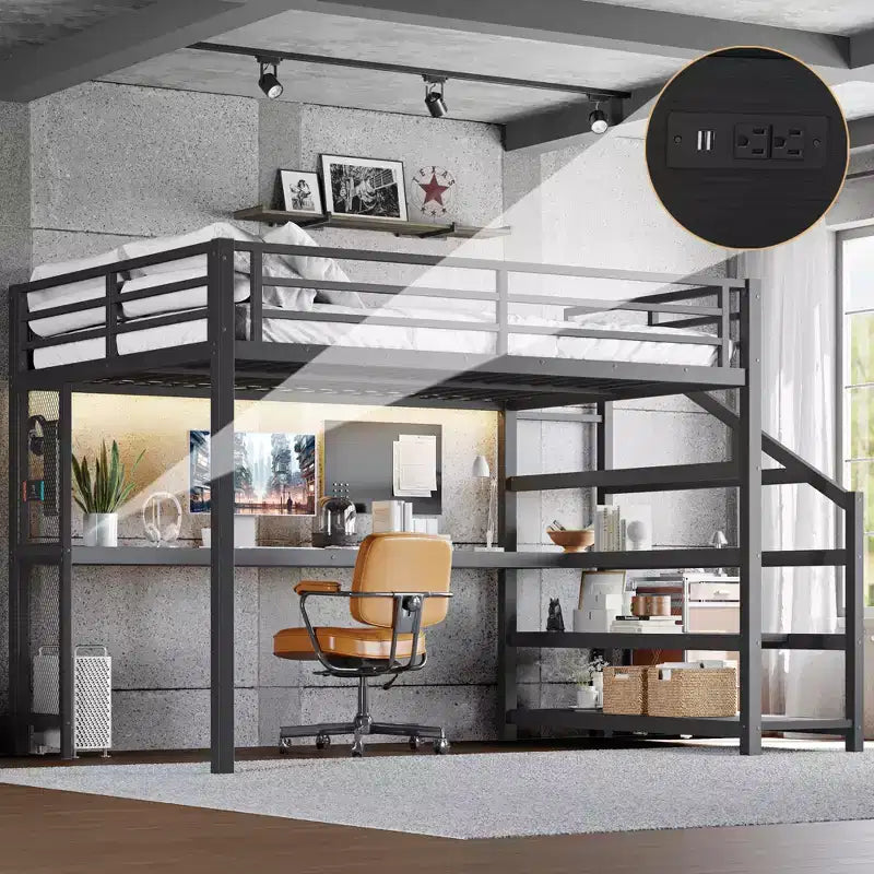 Bellemave Letto a soppalco matrimoniale in metallo con scrivania, scale contenitore, luci LED, porte USB, nessuna rete a molle necessaria e silenzioso, nero