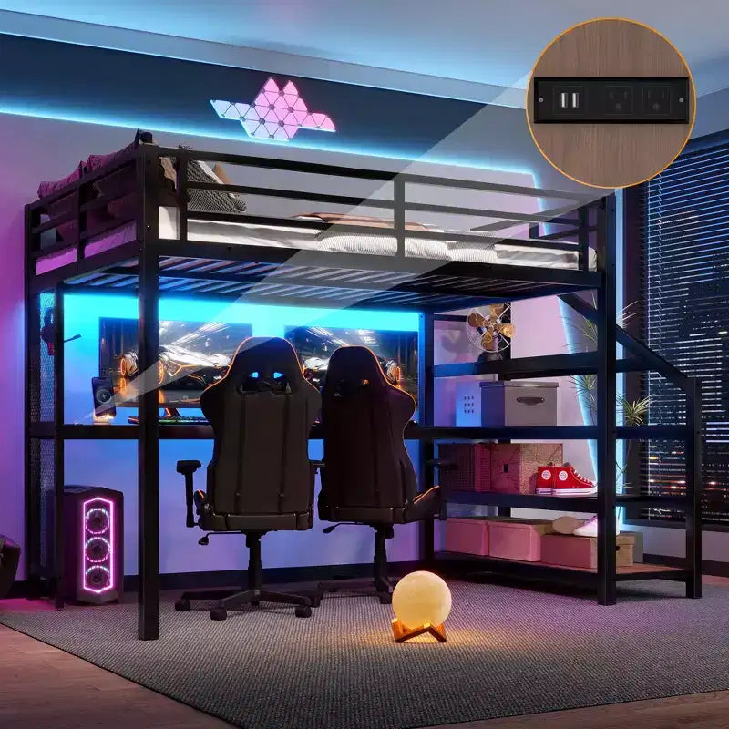 Bellemave Queen Metal Loft Bed with Desk, Storage Stairs, LED Lights, USB Ports, No Spring Box Needed and Noise-free, Black