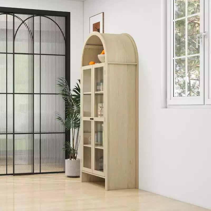 Tall Arched Kitchen Pantry, Modern Farmhouse Wood Kitchen Storage Cabinet, Arched Display Cabinet with Adjustable Shelves for Kitchen Natural