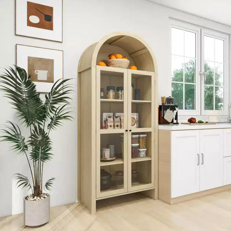Dispensa da cucina alta ad arco, mobile contenitore da cucina moderno in legno stile rustico, vetrina ad arco con ripiani regolabili per cucina naturale