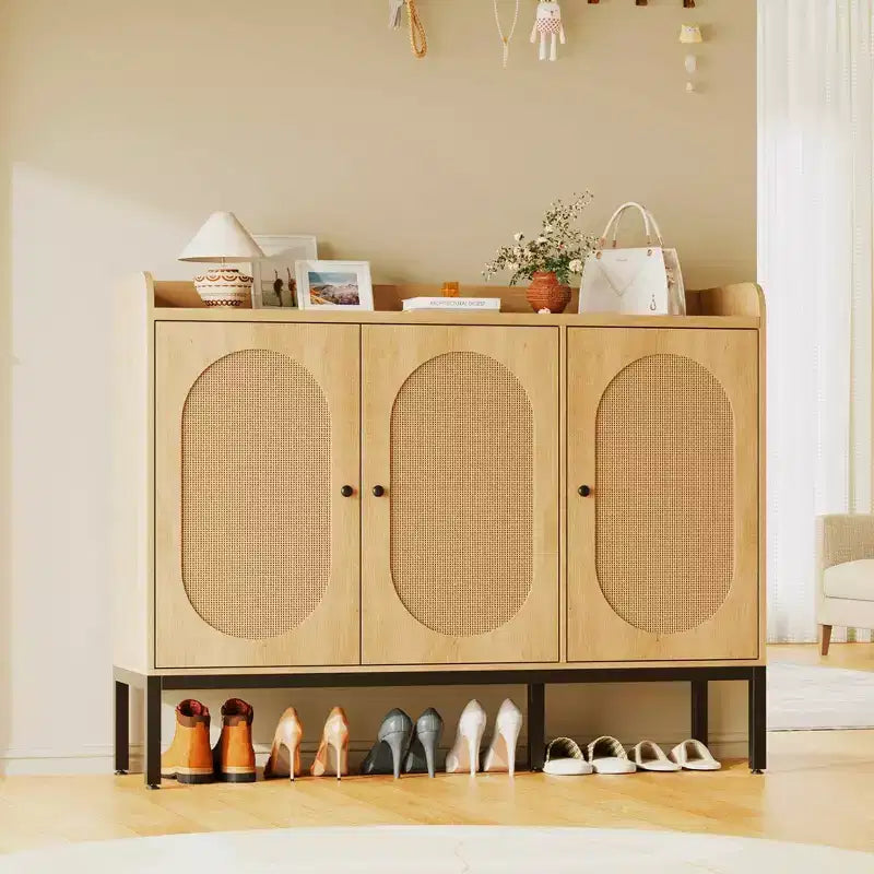 Mobile Scarpiera da Ingresso, Organizzatore di Scarpe con Ripiani Regolabili, Scarpiera in Legno con 3 Ante per Corridoio-Rovere Naturale