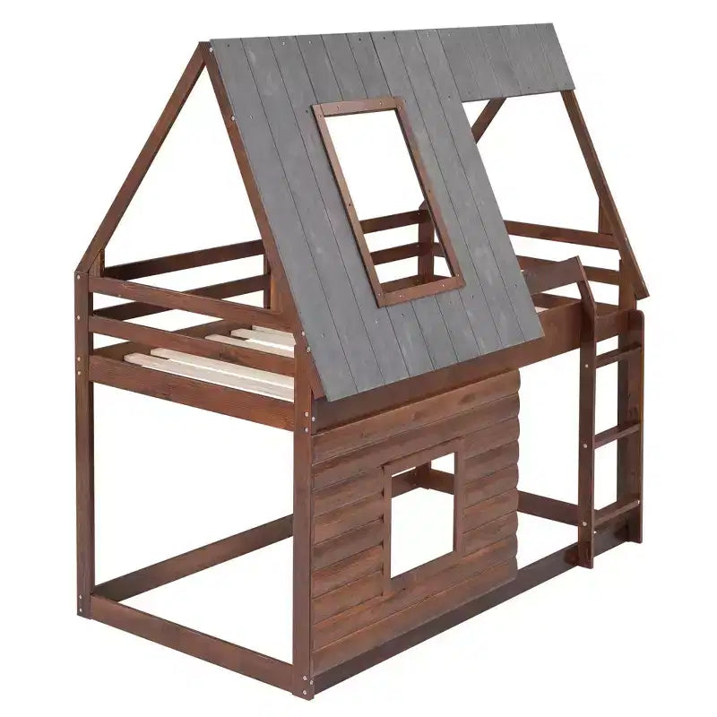 Luxystar Letto a castello in legno a forma di casetta con tetto, 2 finestre e scaletta, quercia e grigio, dimensioni twin