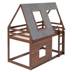 Luxystar Letto a castello in legno a forma di casetta con tetto, 2 finestre e scaletta, quercia e grigio, dimensioni twin