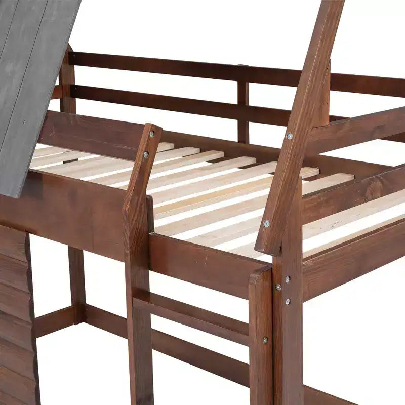 Luxystar Letto a castello in legno a forma di casetta con tetto, 2 finestre e scaletta, quercia e grigio, dimensioni twin
