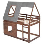 Luxystar Letto a castello in legno a forma di casetta con tetto, 2 finestre e scaletta, quercia e grigio, dimensioni twin