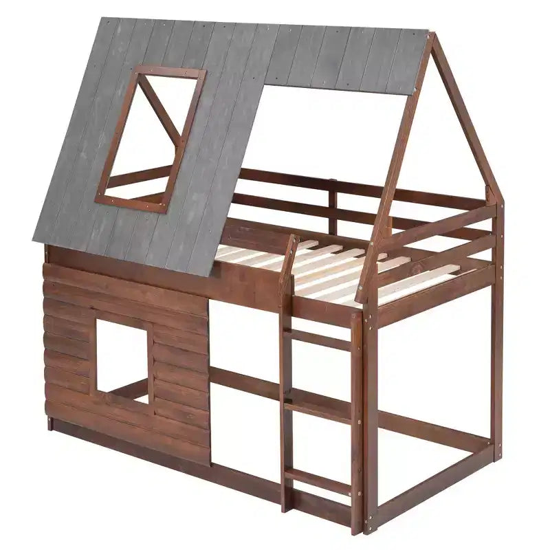 Luxystar Letto a castello in legno a forma di casetta con tetto, 2 finestre e scaletta, quercia e grigio, dimensioni twin