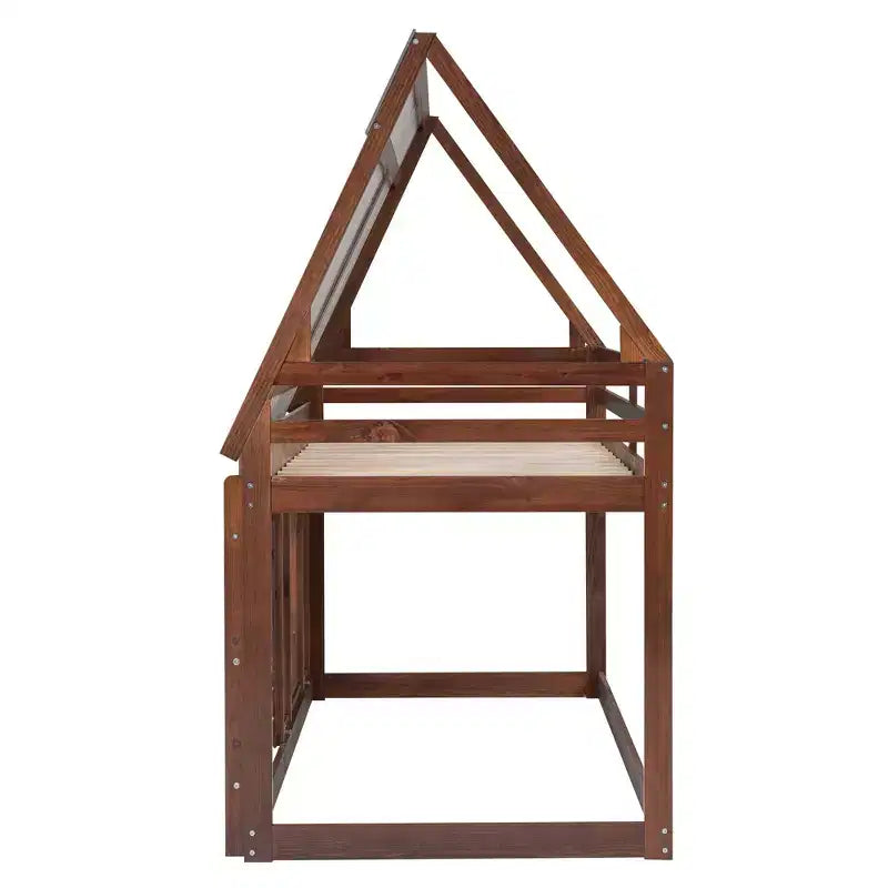 Luxystar Letto a castello in legno a forma di casetta con tetto, 2 finestre e scaletta, quercia e grigio, dimensioni twin
