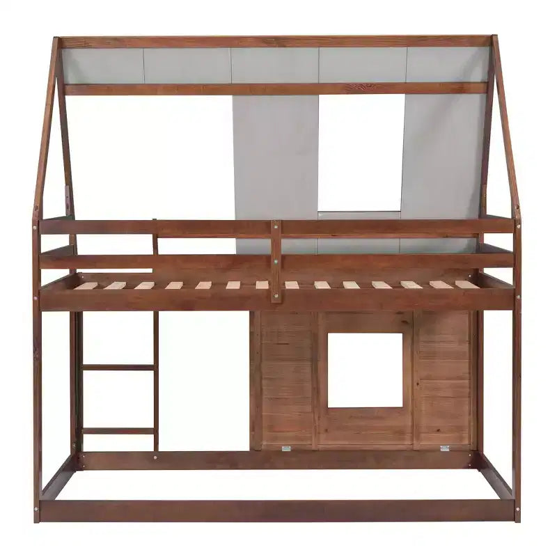 Luxystar Letto a castello in legno a forma di casetta con tetto, 2 finestre e scaletta, quercia e grigio, dimensioni twin