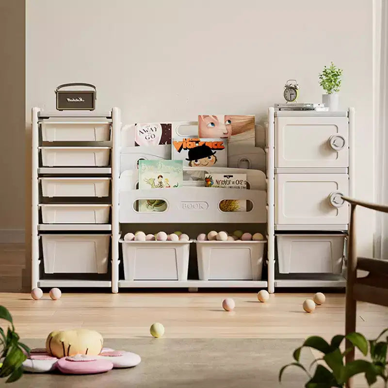 Kids Toy Storage Organizer 8 storage cabinet Removable Toy Bins, 4-Tier Book organizers Storage and 2 cabinet storage, Kids Bookshelf and Toy Storage