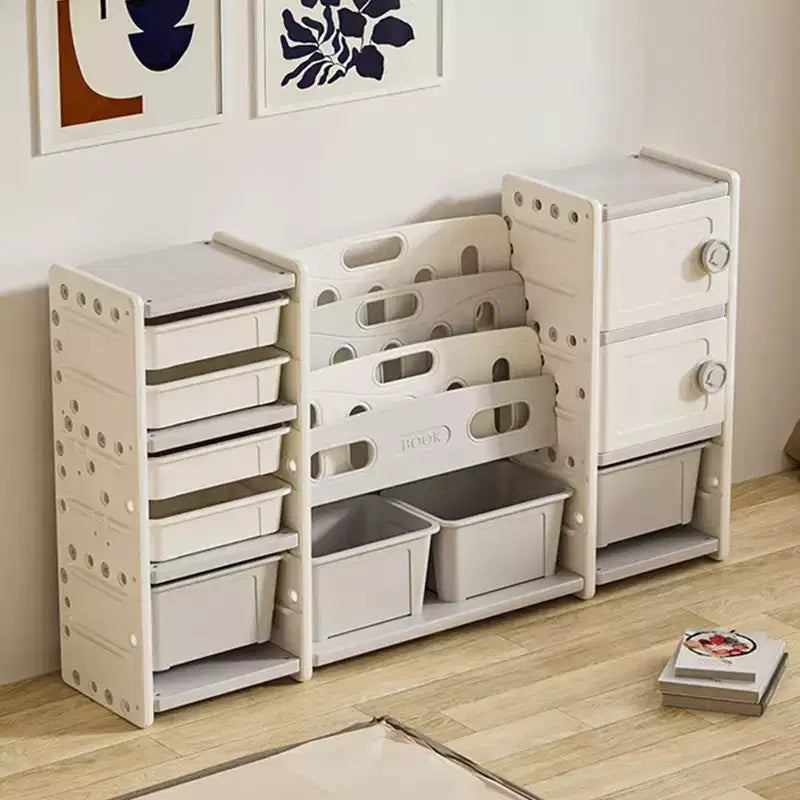 Organizzatore per Giocattoli per Bambini con 8 Scomparti, Cesti Giocattoli Rimovibili, 4 Ripiani per Libri e 2 Armadietti, Libreria e Contenitore Giocattoli per Bambini