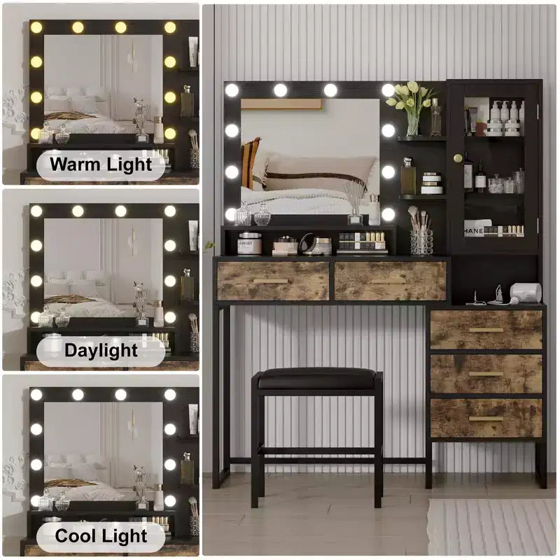 Toeletta e Sgabello Grandi, Scrivania da Trucco con Specchio e Luci, Tavolo da Trucco con Stazione di Ricarica, Tavolo da Toeletta con Cassetti e Lampadine a LED, Nero