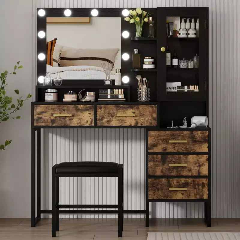 Toeletta e Sgabello Grandi, Scrivania da Trucco con Specchio e Luci, Tavolo da Trucco con Stazione di Ricarica, Tavolo da Toeletta con Cassetti e Lampadine a LED, Nero