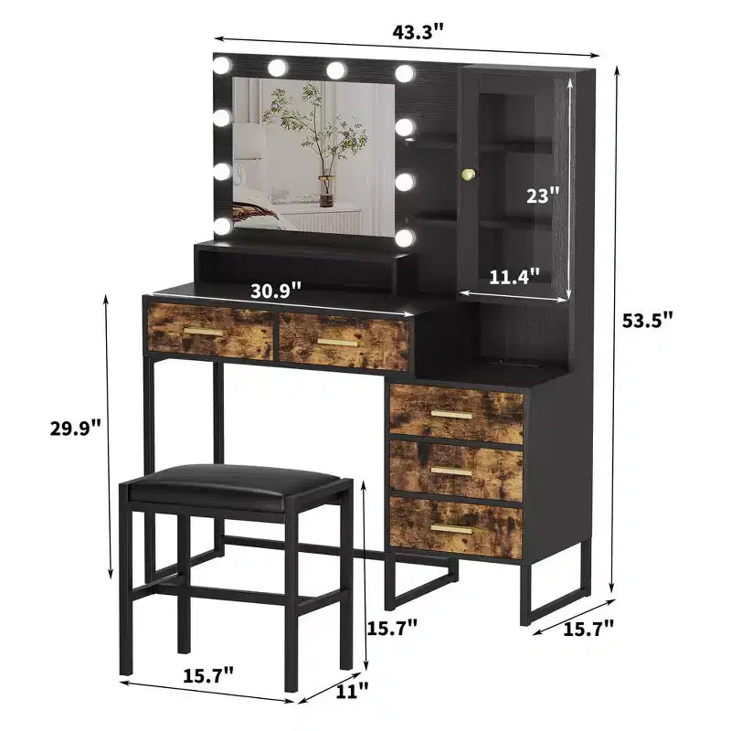 Toeletta e Sgabello Grandi, Scrivania da Trucco con Specchio e Luci, Tavolo da Trucco con Stazione di Ricarica, Tavolo da Toeletta con Cassetti e Lampadine a LED, Nero