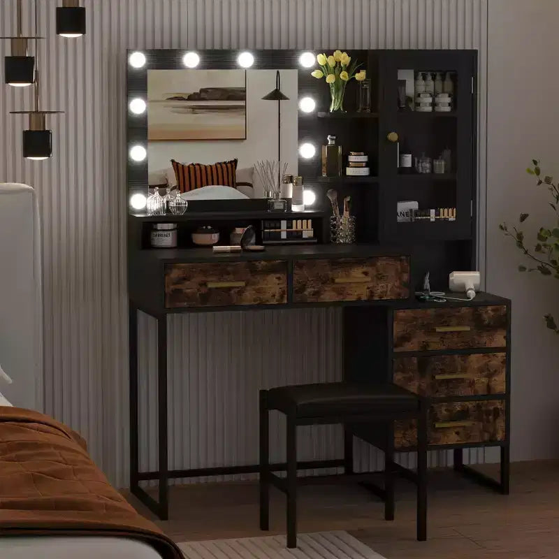 Toeletta e Sgabello Grandi, Scrivania da Trucco con Specchio e Luci, Tavolo da Trucco con Stazione di Ricarica, Tavolo da Toeletta con Cassetti e Lampadine a LED, Nero