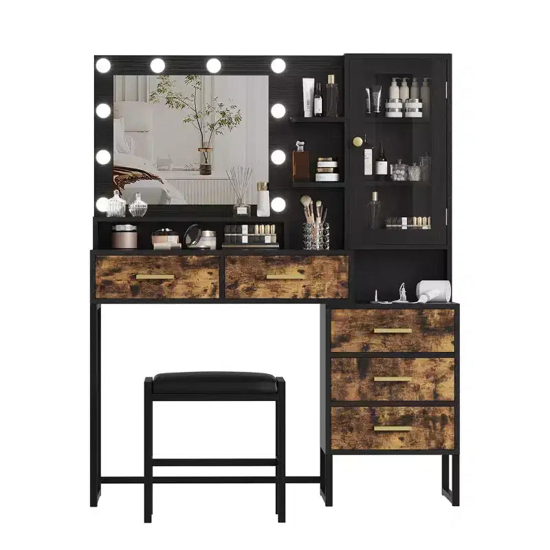 Toeletta e Sgabello Grandi, Scrivania da Trucco con Specchio e Luci, Tavolo da Trucco con Stazione di Ricarica, Tavolo da Toeletta con Cassetti e Lampadine a LED, Nero
