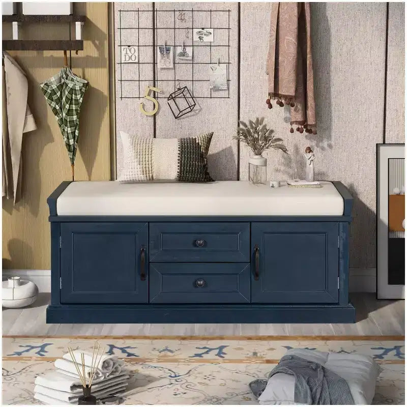 Panca Contenitore con 2 Cassetti e 2 Armadietti, Panca Scarpiera Retrò con Cuscino Rimovibile, Panca Contenitore Multifunzionale per Ingresso, Corridoio