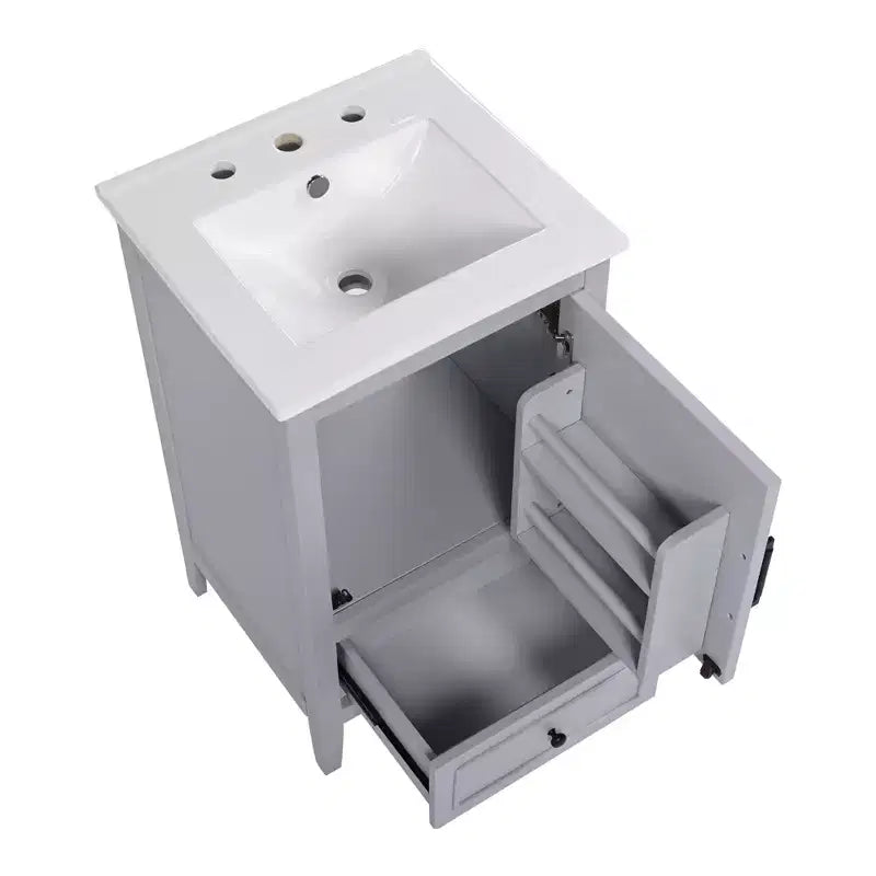 Mobiletto per lavabo da bagno compatto da 20 pollici con contenitore, mobiletto da bagno a pavimento con cassetti e anta, grigio