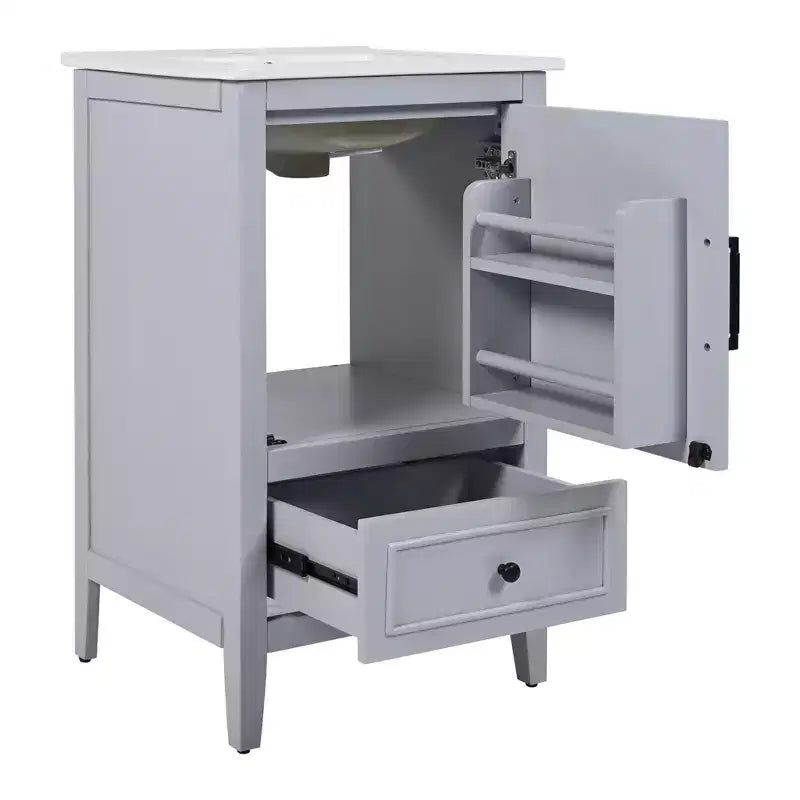 Mobiletto per lavabo da bagno compatto da 20 pollici con contenitore, mobiletto da bagno a pavimento con cassetti e anta, grigio
