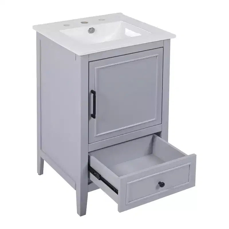 Mobiletto per lavabo da bagno compatto da 20 pollici con contenitore, mobiletto da bagno a pavimento con cassetti e anta, grigio