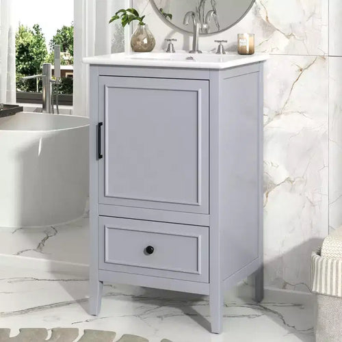 Mobiletto per lavabo da bagno compatto da 20 pollici con contenitore, mobiletto da bagno a pavimento con cassetti e anta, grigio