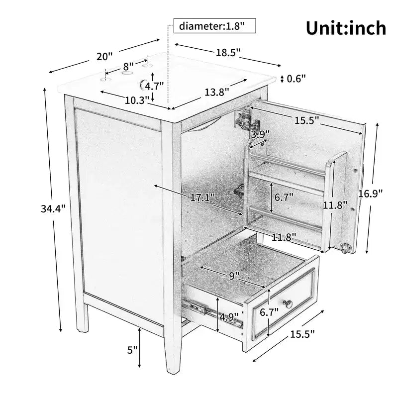Mobiletto per lavabo da bagno compatto da 20 pollici con contenitore, mobiletto da bagno a pavimento con cassetti e anta, grigio