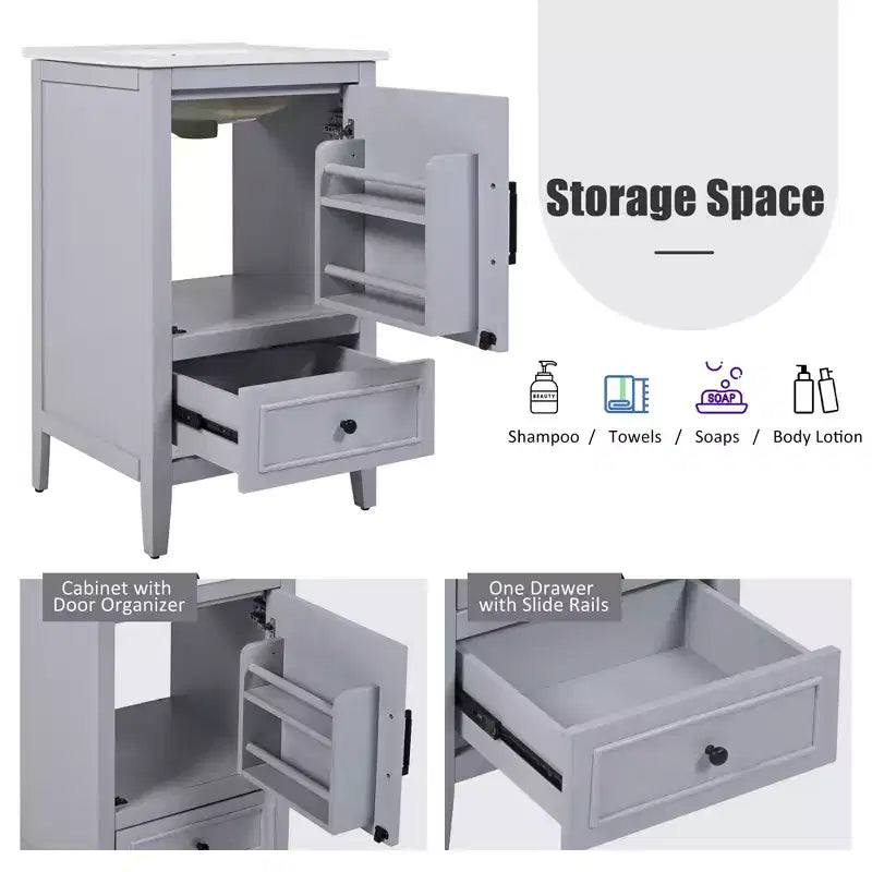 Mobiletto per lavabo da bagno compatto da 20 pollici con contenitore, mobiletto da bagno a pavimento con cassetti e anta, grigio