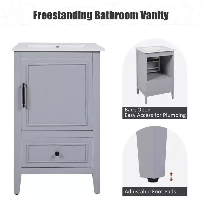 Mobiletto per lavabo da bagno compatto da 20 pollici con contenitore, mobiletto da bagno a pavimento con cassetti e anta, grigio