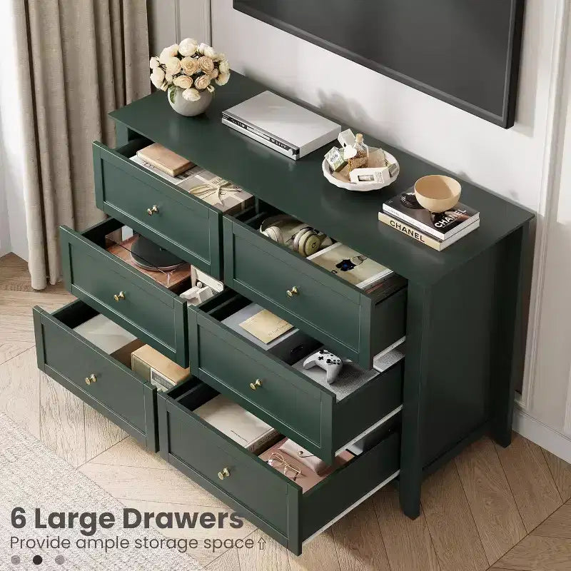 Comò Nero a 6 Cassetti per Camera da Letto, Cassettiera Grande con Cassetti Profondi e Maniglie in Metallo, Cassettiere Moderne in Legno per Ingresso, Corridoio