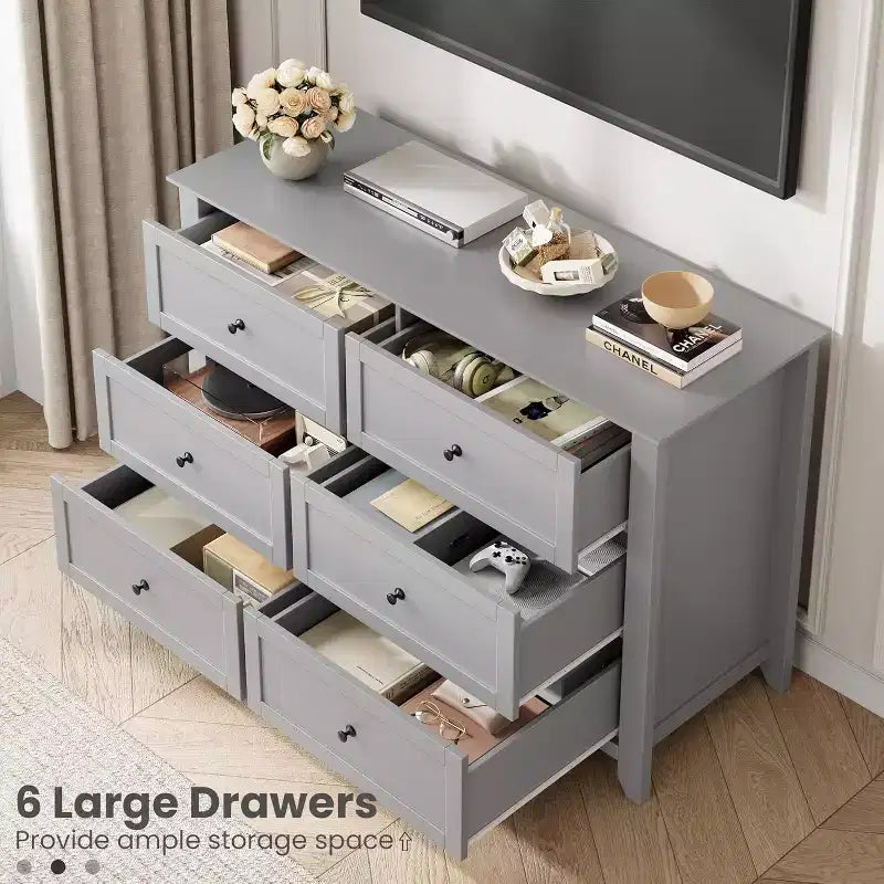 Comò Nero a 6 Cassetti per Camera da Letto, Cassettiera Grande con Cassetti Profondi e Maniglie in Metallo, Cassettiere Moderne in Legno per Ingresso, Corridoio